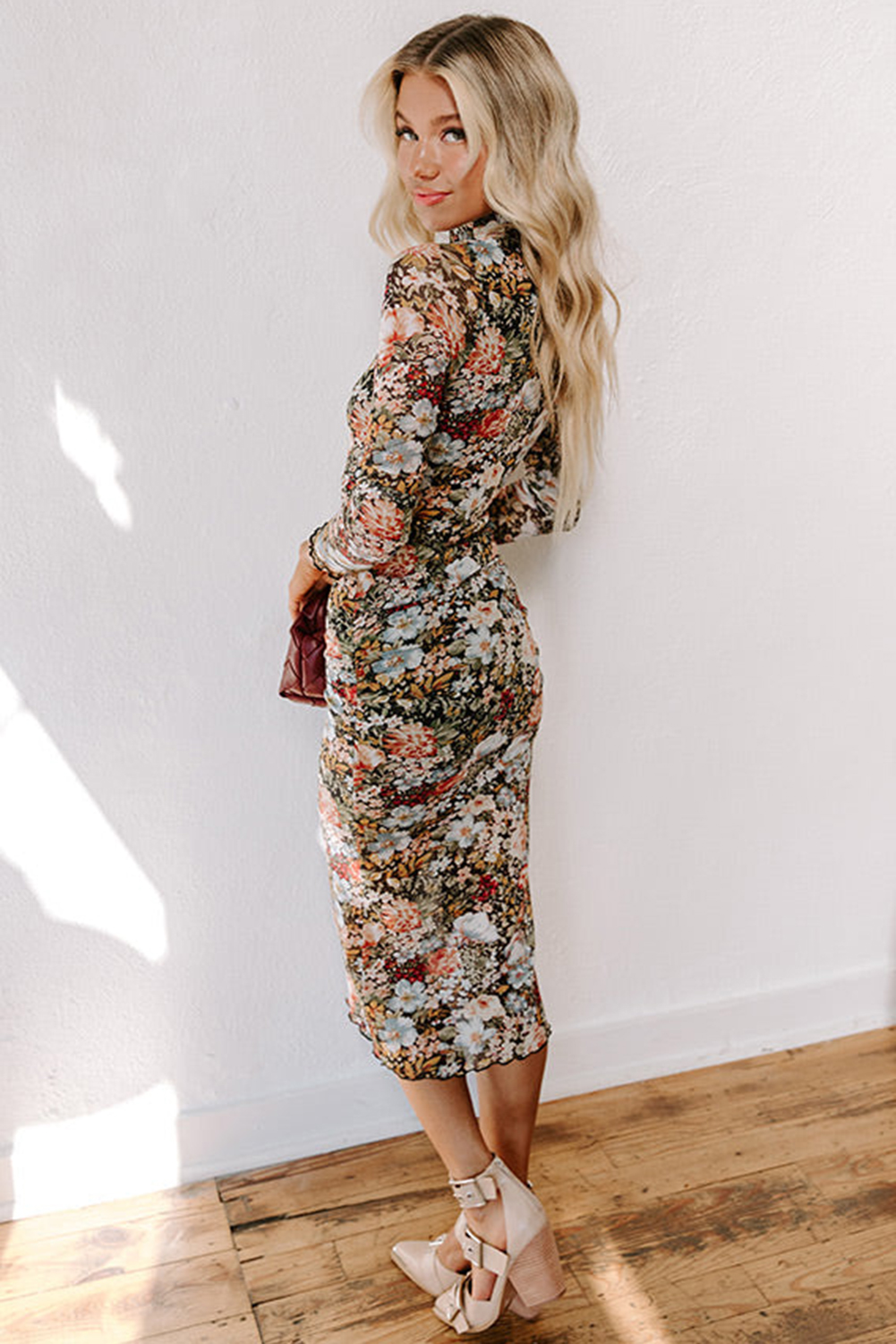 Multicolour Floral Print Split Neck Midi Dress