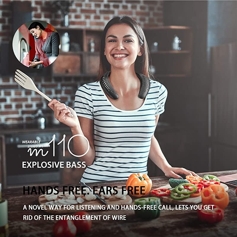 M110 Neckband Bluetooth Speakers Wireless Wearable Speaker True 3D Stereo Sound Portable Personal Speakers IPX5 Waterproof Bluetooth 50 Builtin Mic Comfortable and Durable Design Black