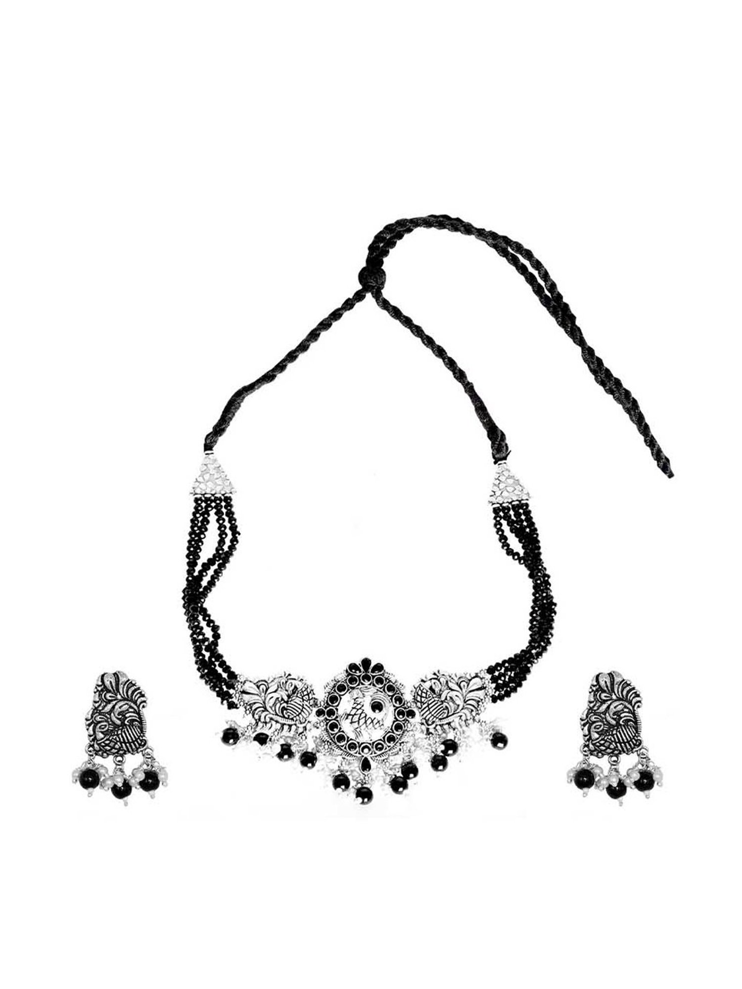 Teejh Ethnic Darshika Silver Oxidized Pearl and Black Stones Choker Necklace Set for Women