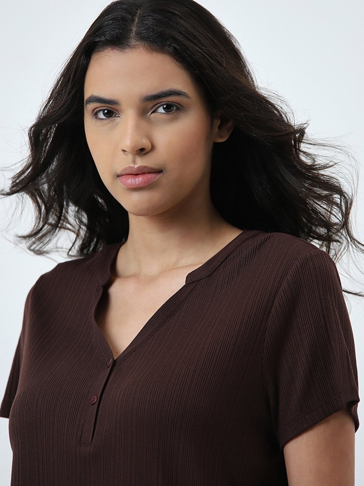 Wunderlove by Westside Dark Brown Textured Modal Supersoft T-Shirt