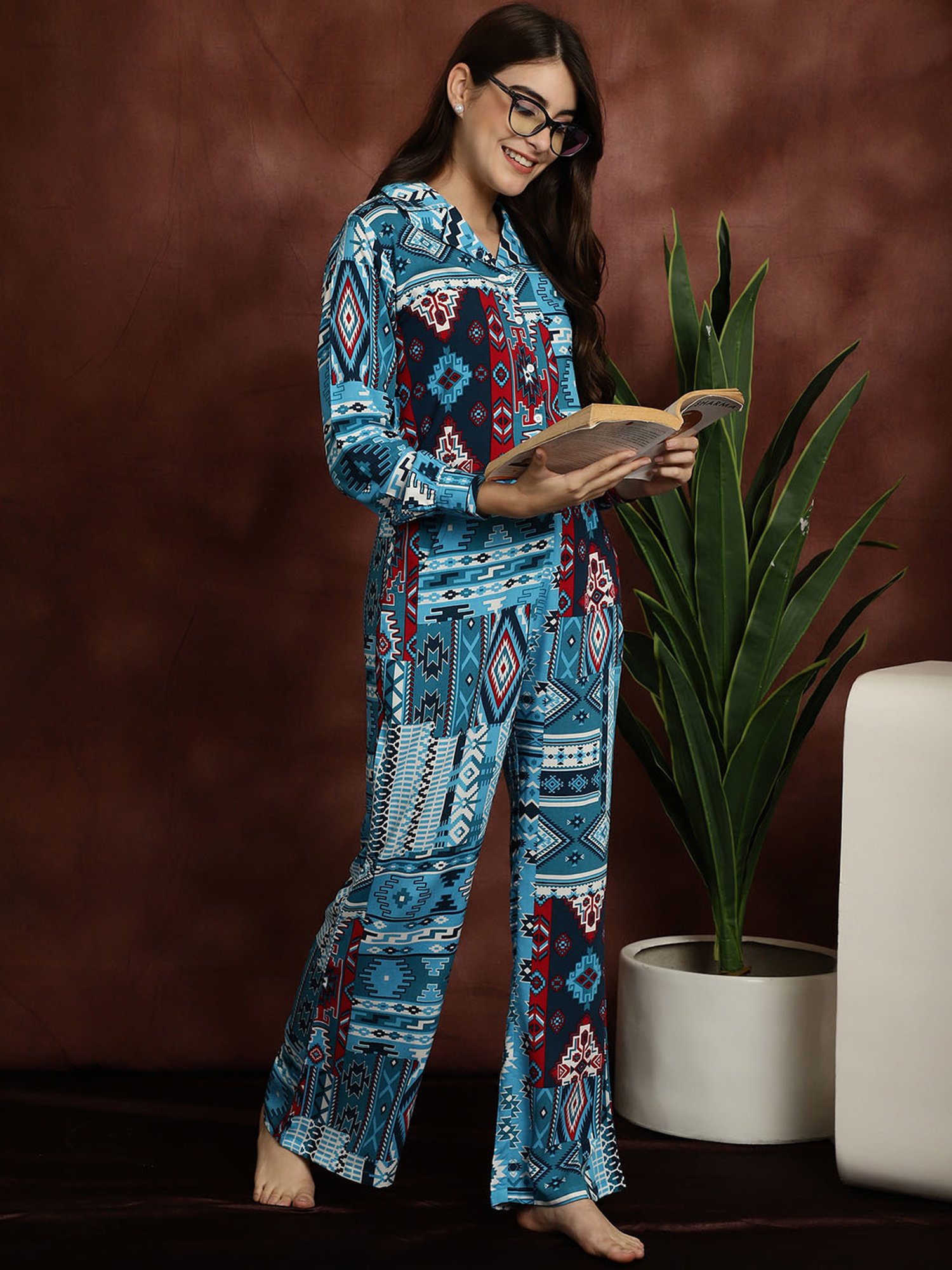 Boston Club Blue Printed Top With Pyjamas