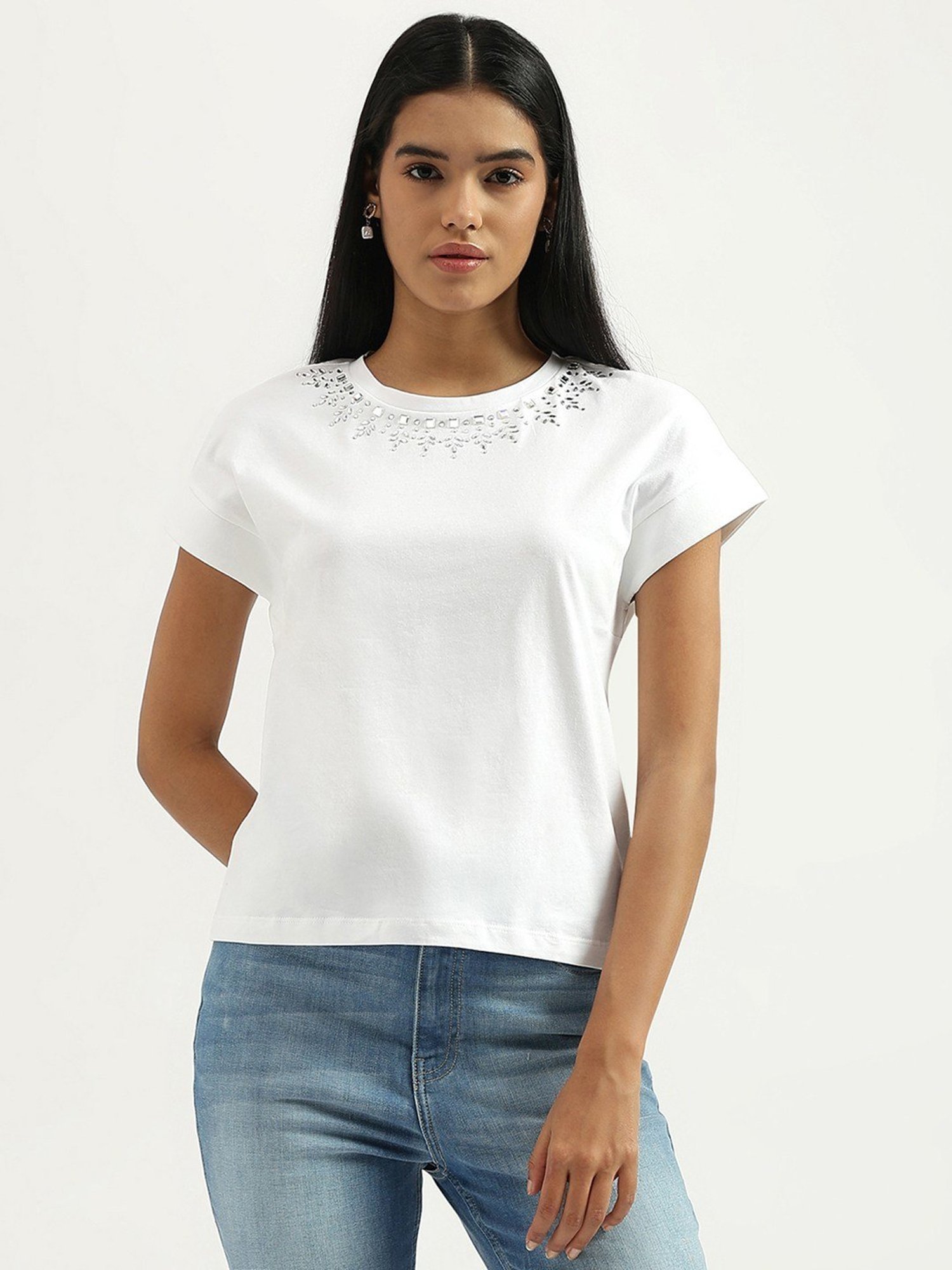United Colors of Benetton White Cotton Embellished T-Shirt
