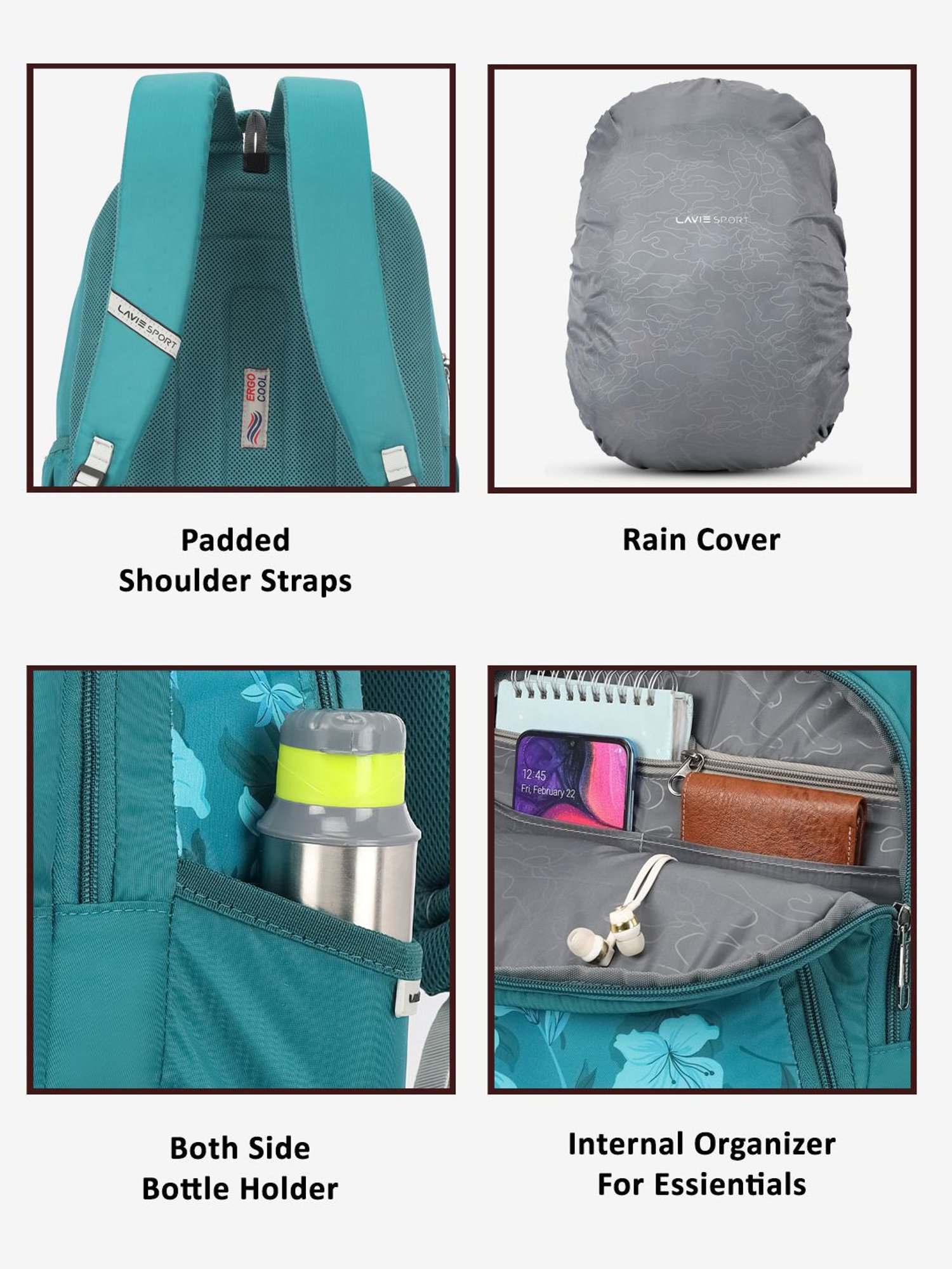 Lavie Sport Cherry Blossom 39L Printed School Backpack with Rain cover for Girls (Teal)