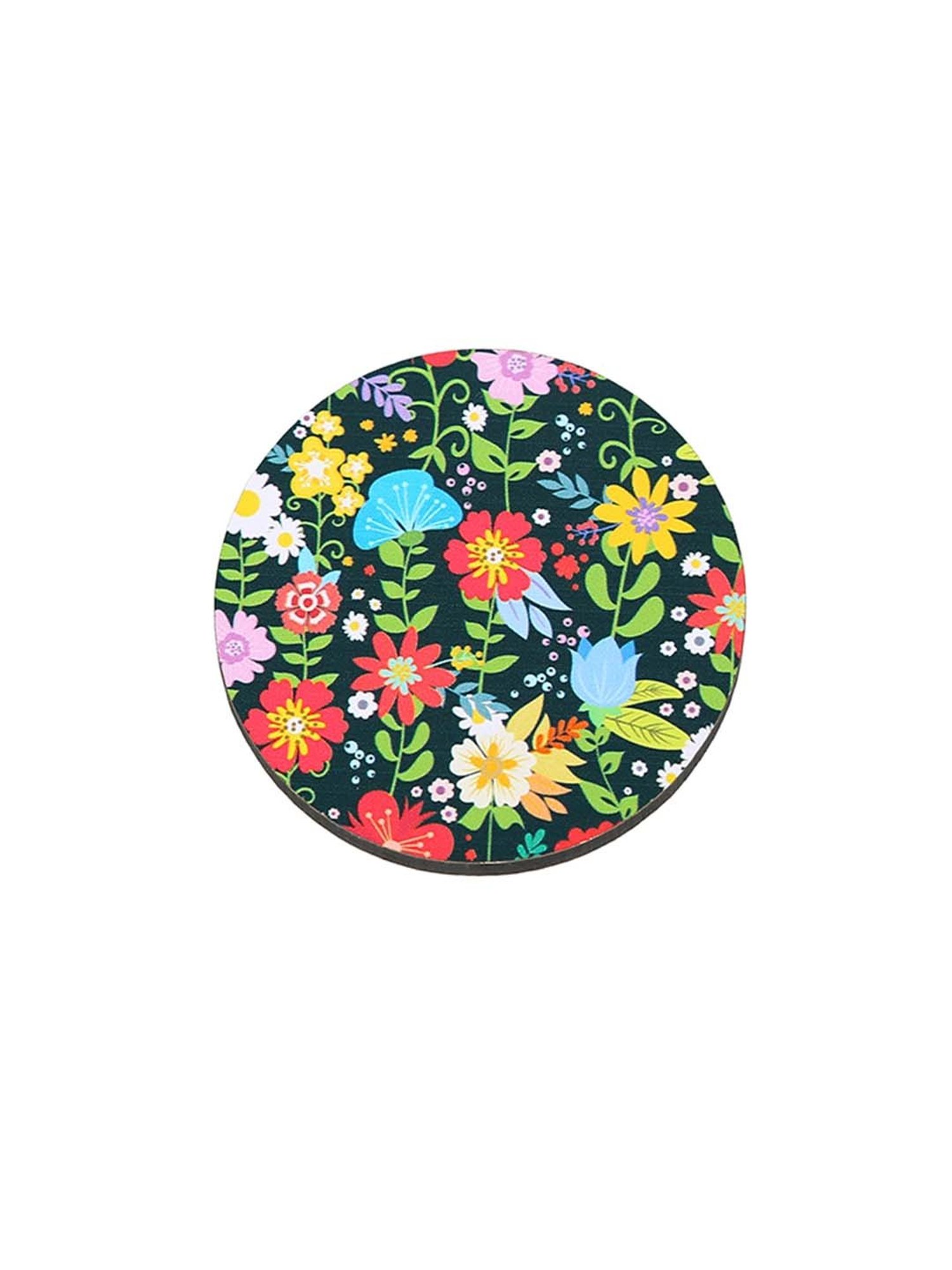 Crayton Multicolor Wooden Floral Printed Round Coasters - Set of 4
