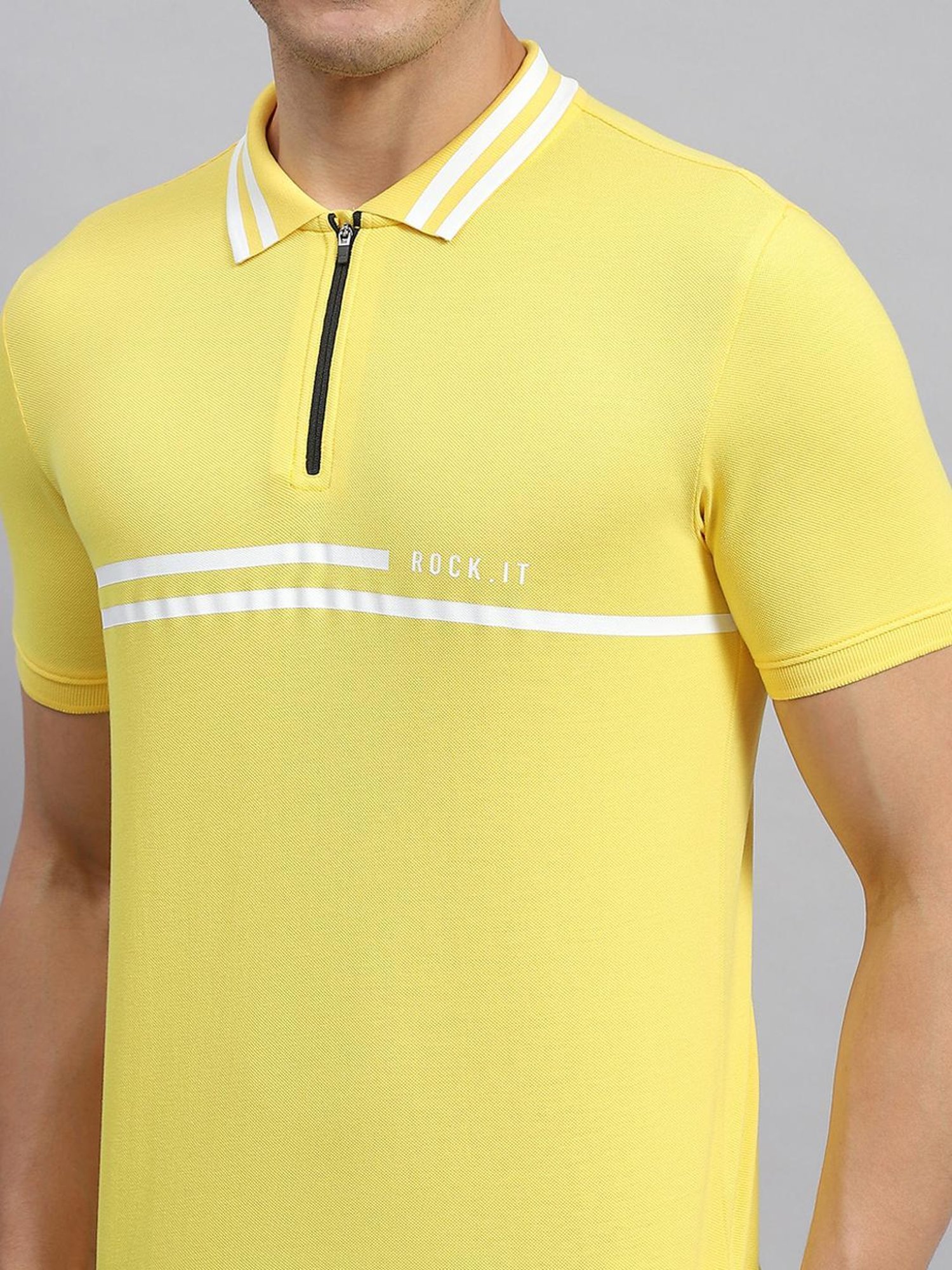 Rock.it Yellow Cotton Regular Fit Printed Polo T-Shirt