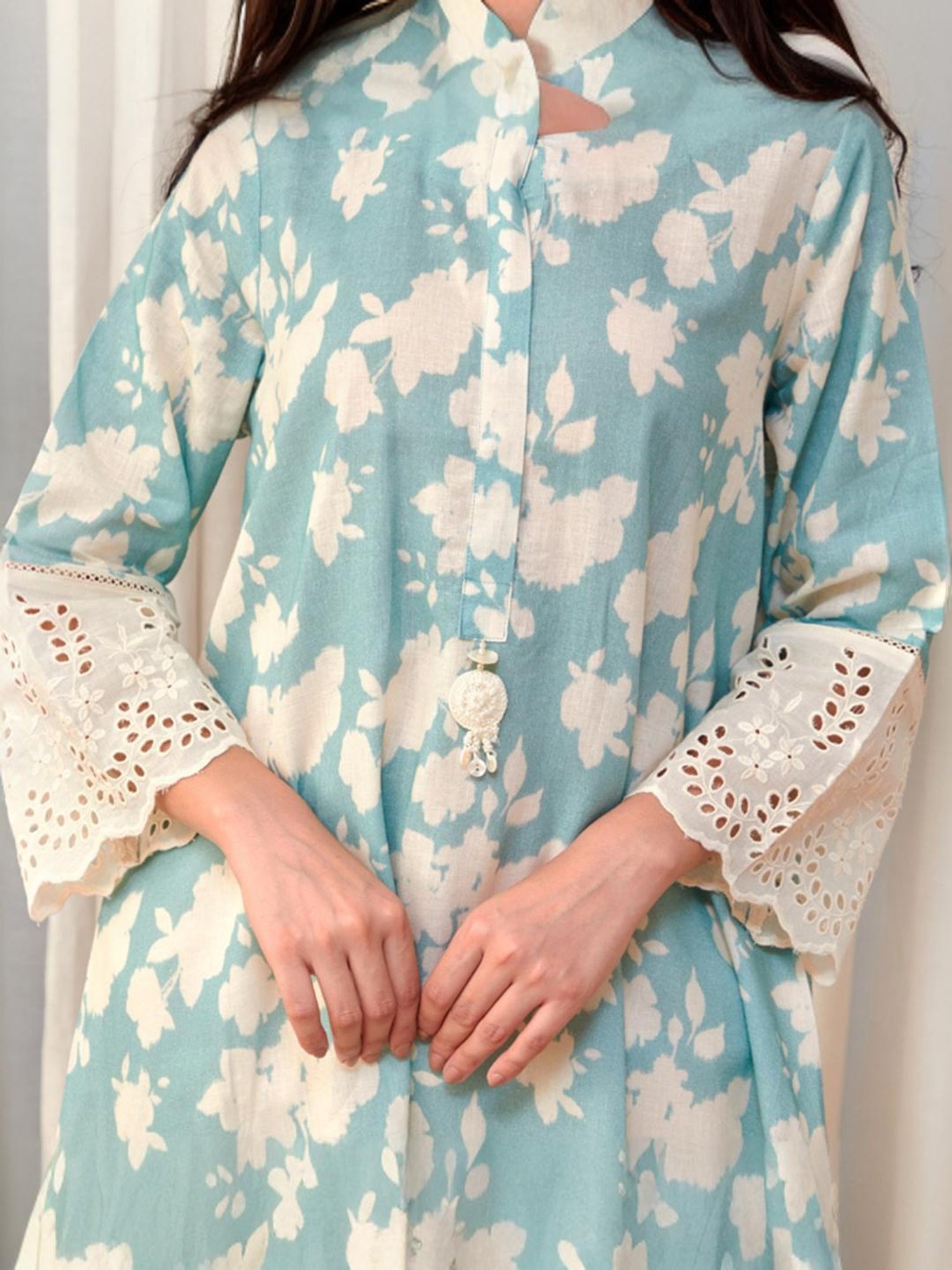 Bombay Bloom Unbleached Aqua Blue Flared Cutwork Linen Tunic with Pant Co-ord Set