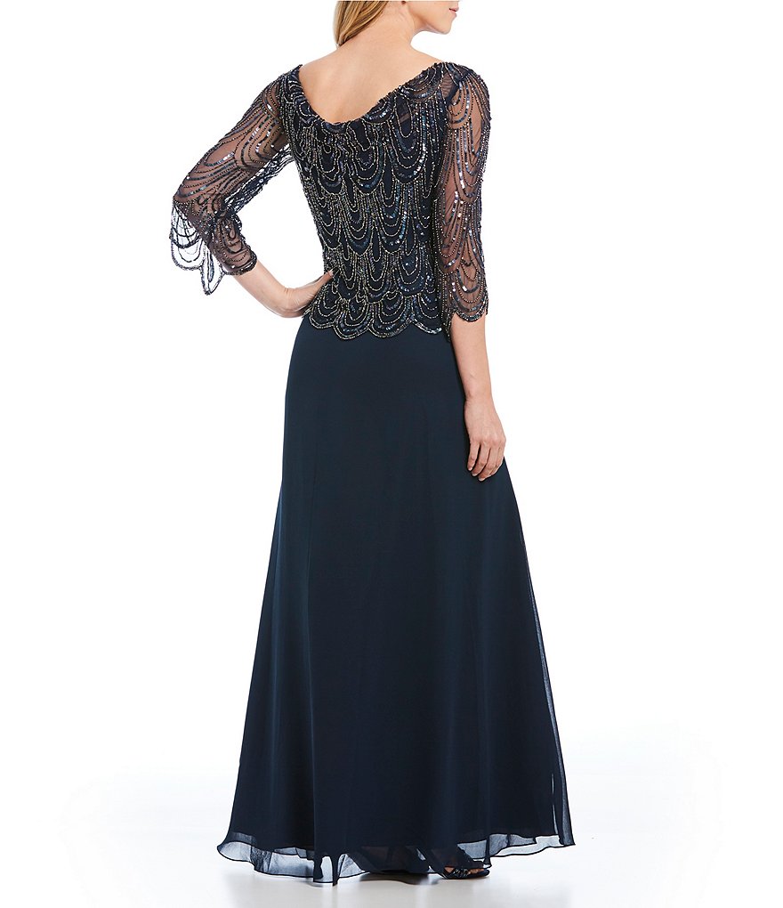 Jkara Cowl Neck Beaded Bodice Chiffon Gown
