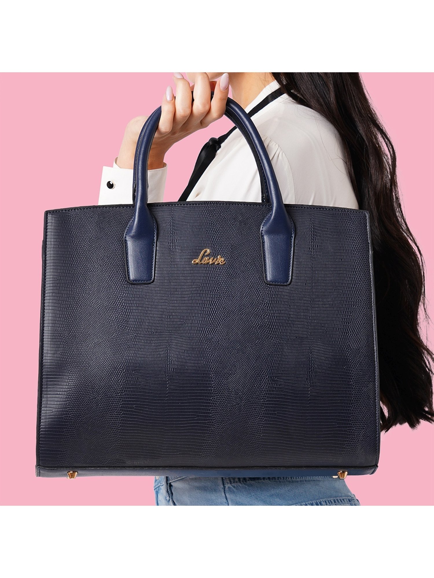 Lavie Liz Ellon Navy Synthetic Textured Laptop Handbag
