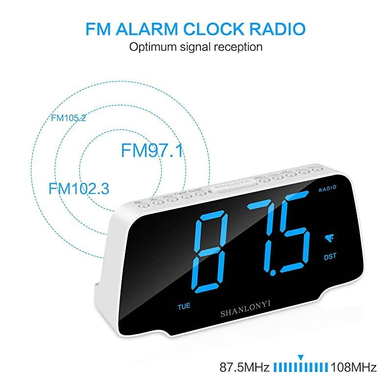 Loud Alarm Clock Radio with 9 Inch Blue LED Display for Bedroom, 3 Dimmer, Snooze, FM Radio, 12/24H, Auto DST, USB Chargers, Battery Backup for Kids, Heavy Sleepers, Elderly