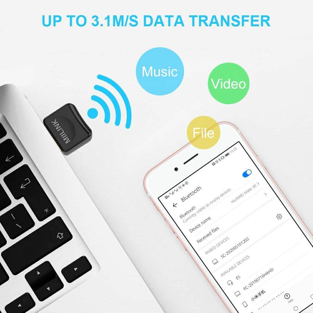 Bluetooth Adapter for PC, USB Bluetooth Adapter, Bluetooth 5.0 EDR USB Bluetooth Receiver for Stereo Headphones, Keyboard, Mouse, Laptop Windows 10,8,7 Compatible