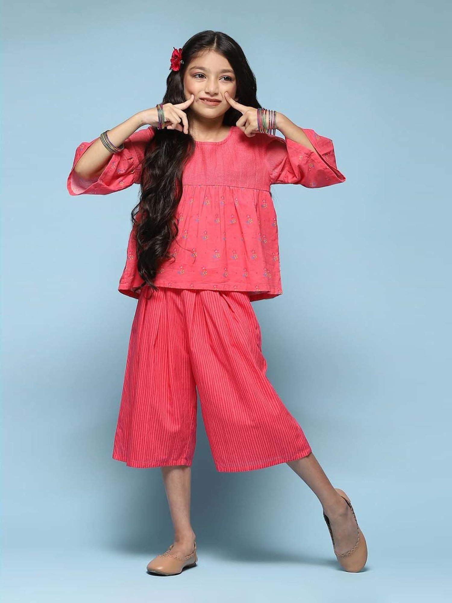 BIBA Girls Kids Pink Cotton Floral Print Top Set