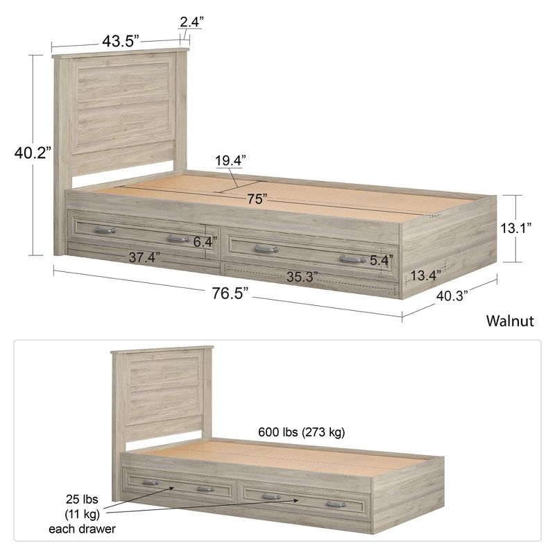 Sierra Ridge Levi Twin Bed with Storage & Twin Headboard, Light Walnut