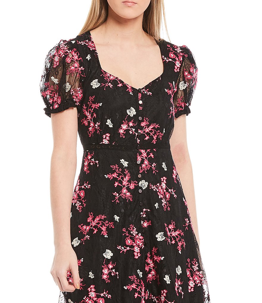 Shabby Chic Ruby Puffed Sleeve Embroidered Floral Lace Midi Dress