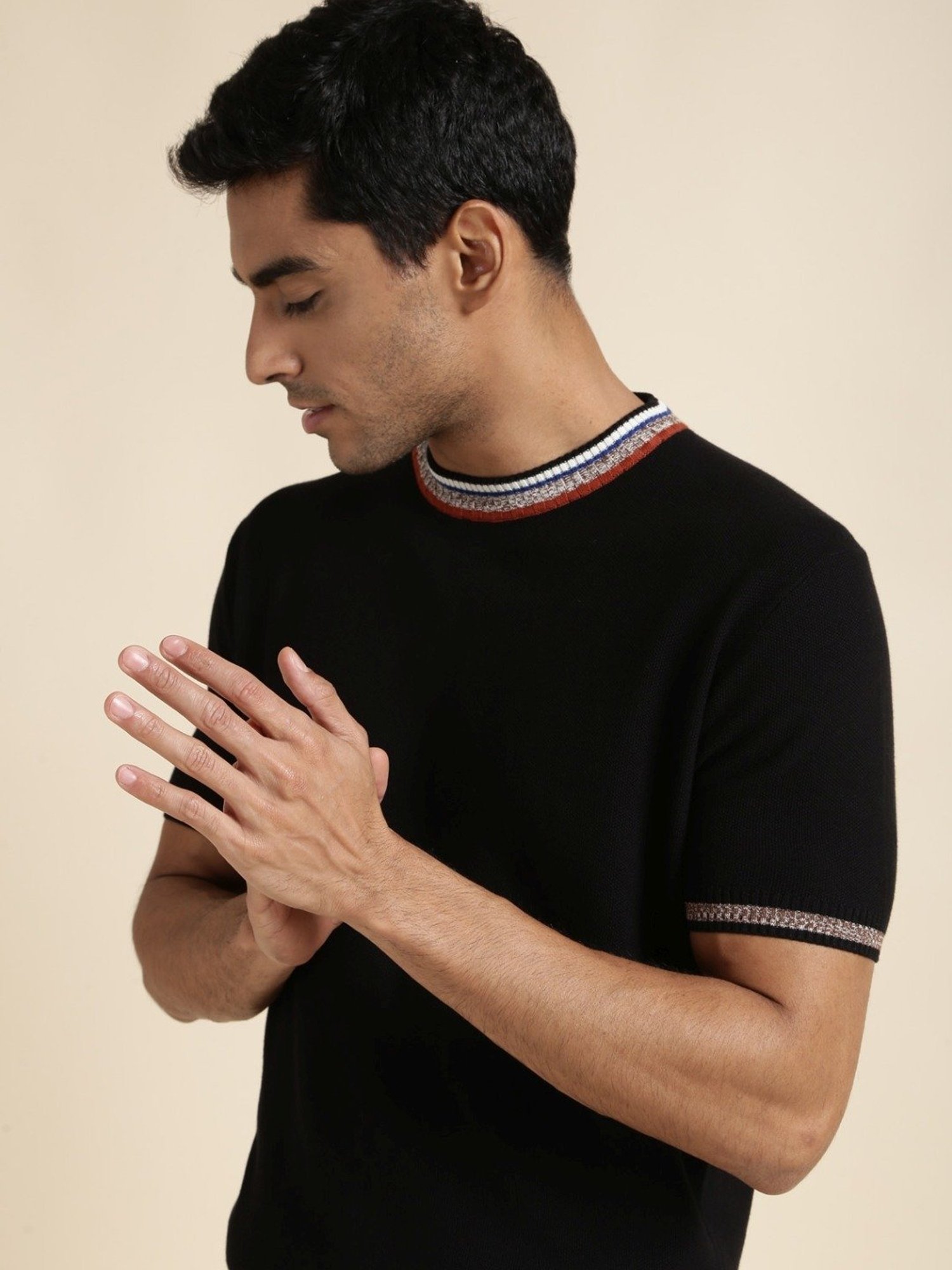 Andamen Black Regular Fit Self Pattern T-Shirt