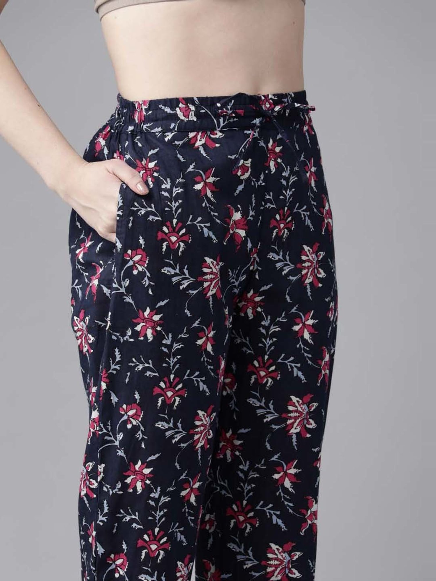 Prakrti Navy Cotton Floral Print Crop Top Pant Set With Jacket