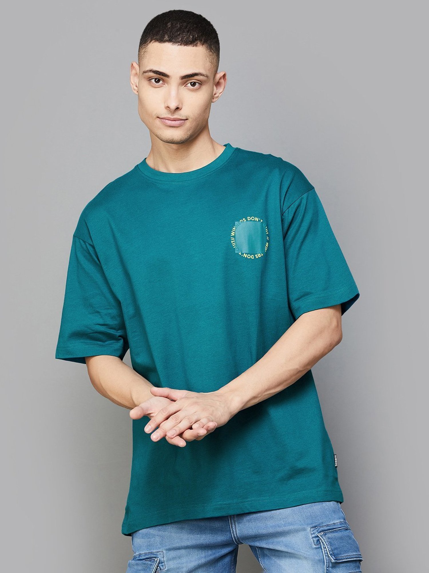 Bossini Teal Cotton Regular Fit Printed T-Shirt