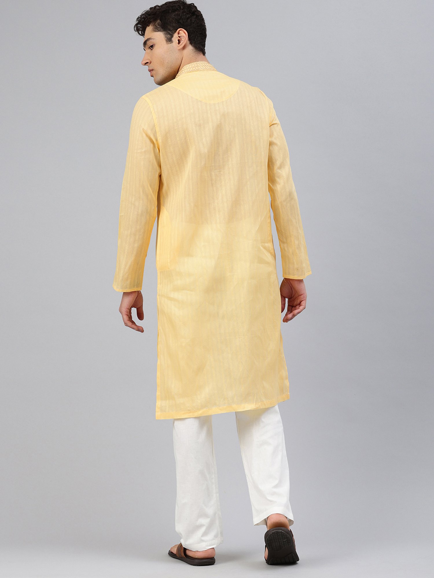 Manthan Yellow & White Regular Fit Striped Kurta & Pyjamas Set