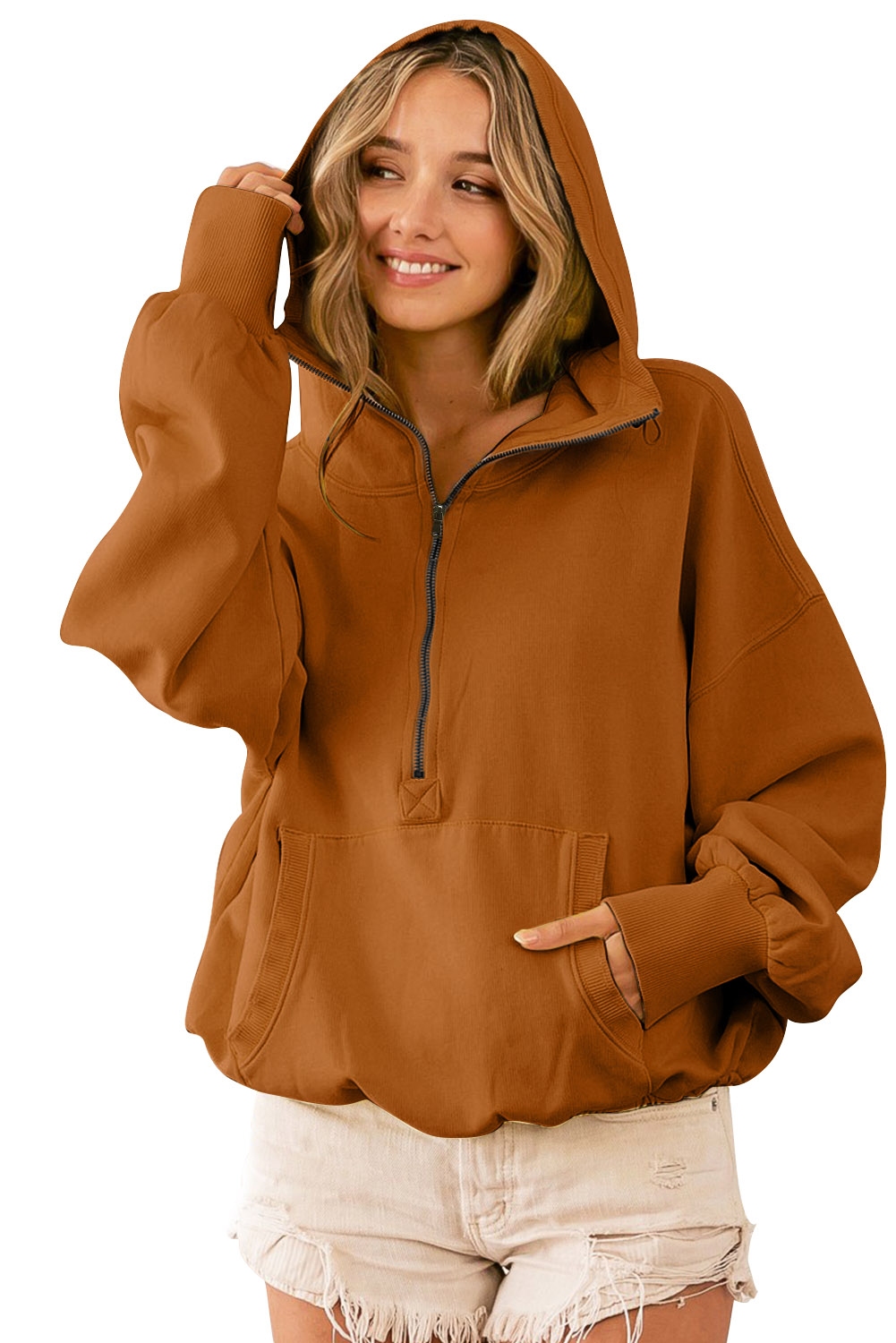 Brown Half Zip Pullover Hoodie with Kangaroo Pocket