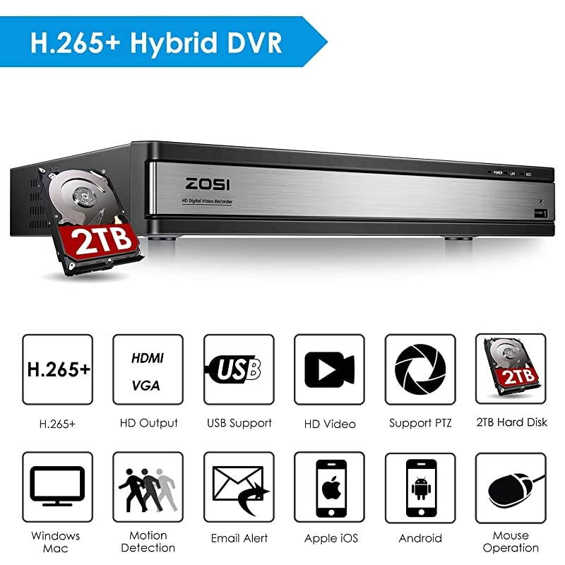 H.265+ 1080p 16 Channel Security Camera System, 16 Channel DVR Recorder with Hard Drive 2TB and 12 x 1080p Weatherproof CCTV Bullet Camera Outdoor Indoor with 80ft Night Vision, Motion Alerts