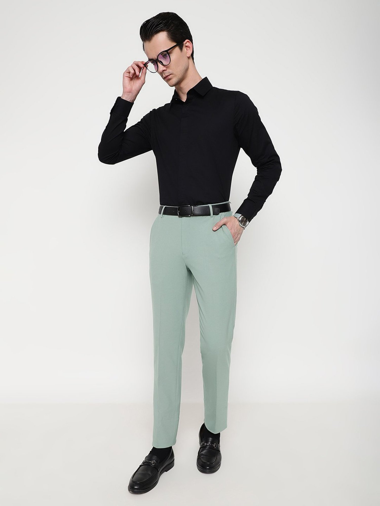 SUBTRACT Mint Green Slim Fit Flat Front Trousers