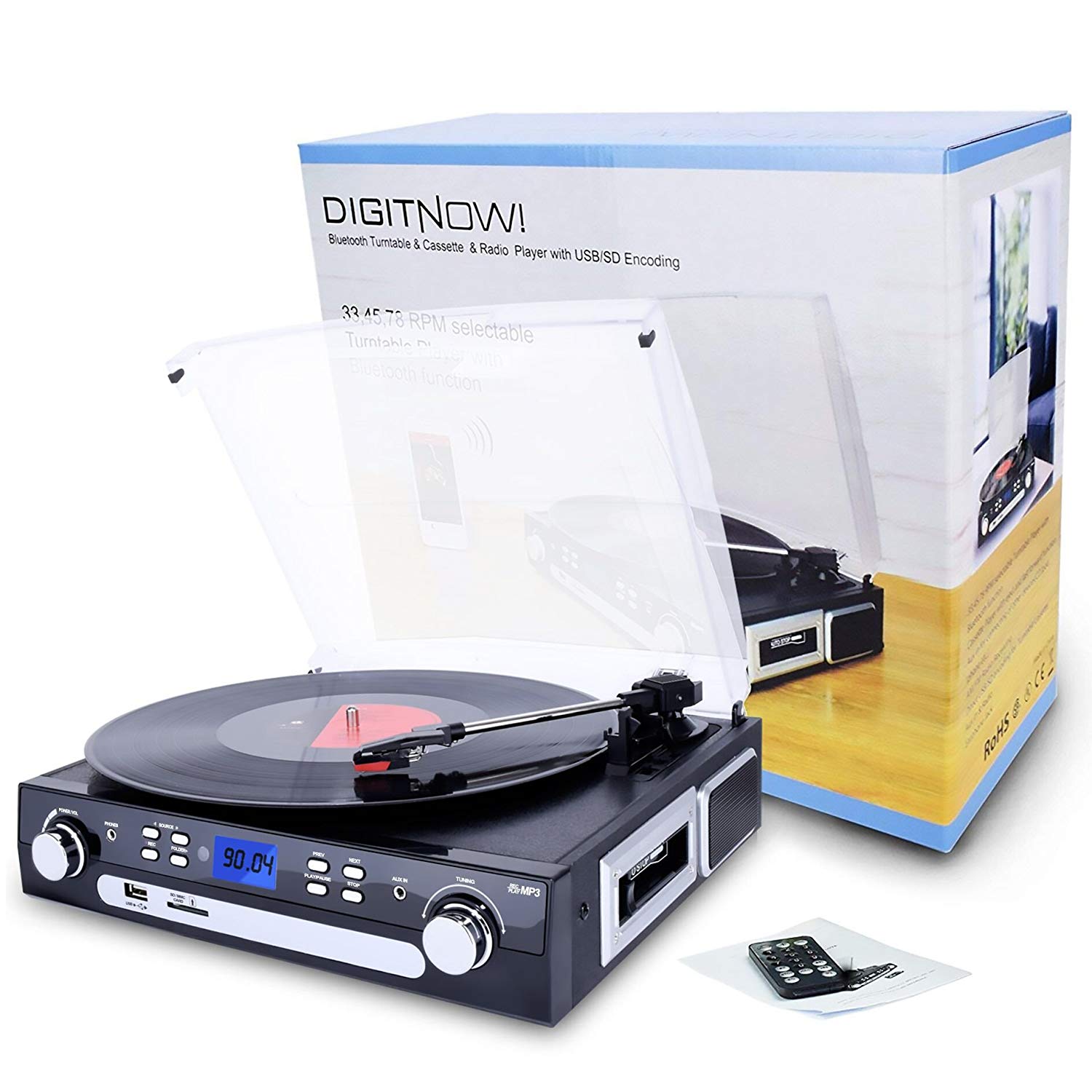 DIGITNOW Bluetooth Record Player with Stereo Speakers, Turntable for Vinyl to MP3 with Cassette Play, AM/FM Radio, Remote Control, USB/SD Encoding, 3.5mm Music Output Jack