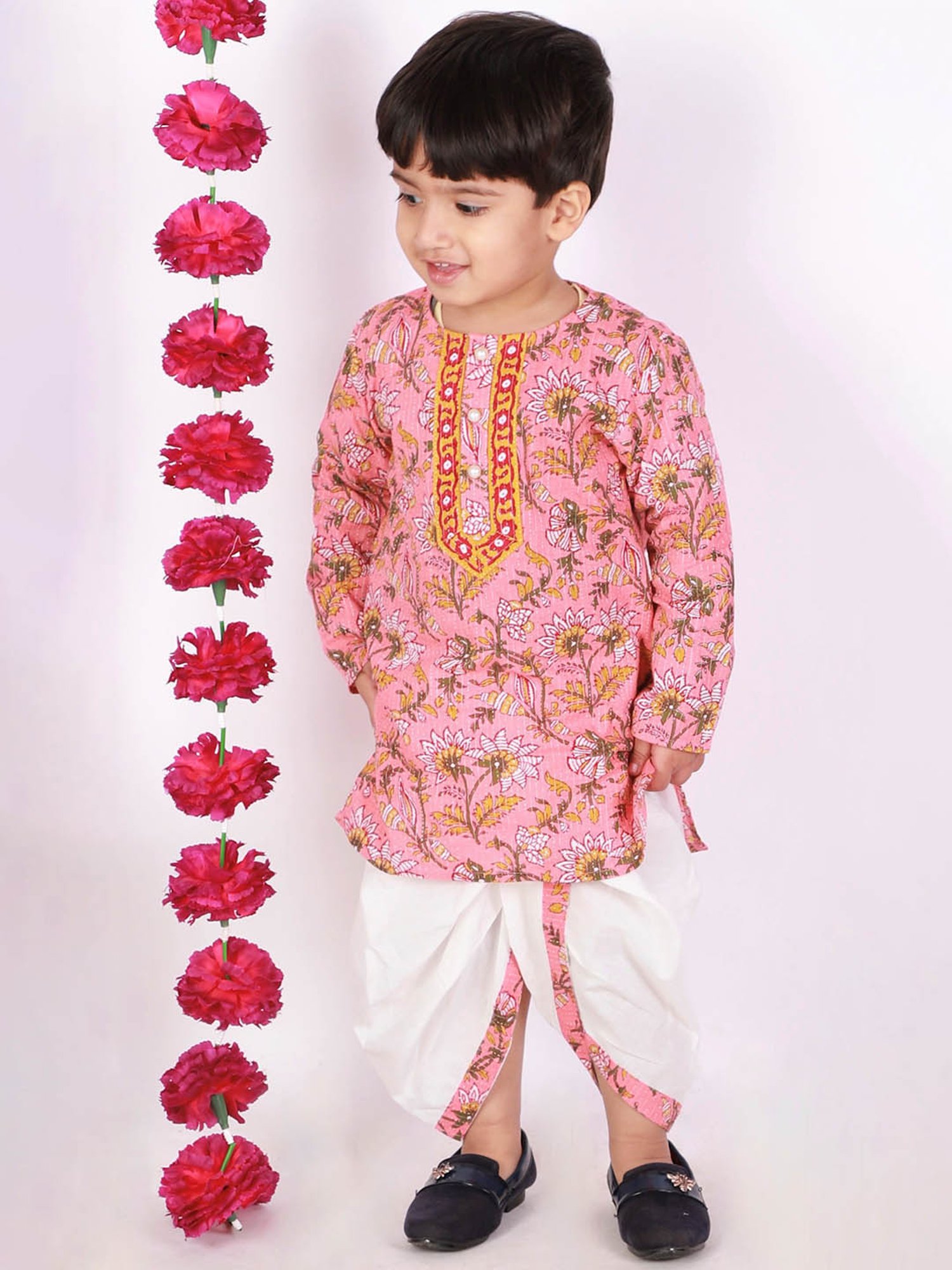 Little Bansi Kids Pink & White Embroidered Kurta with Dhotis
