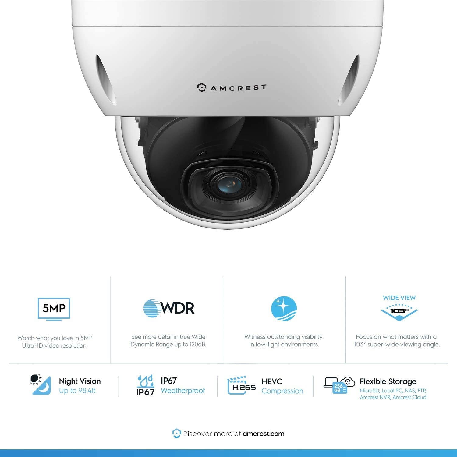 Amcrest 5MP POE Camera, Outdoor Vandal Dome Security POE IP Camera, 5-Megapixel, 98ft NightVision, 2.8mm Lens, IP67, IK10 Resistance, MicroSD 256GB (Sold Separately), Cloud, NVR (IP5M-D1188EW-28MM)