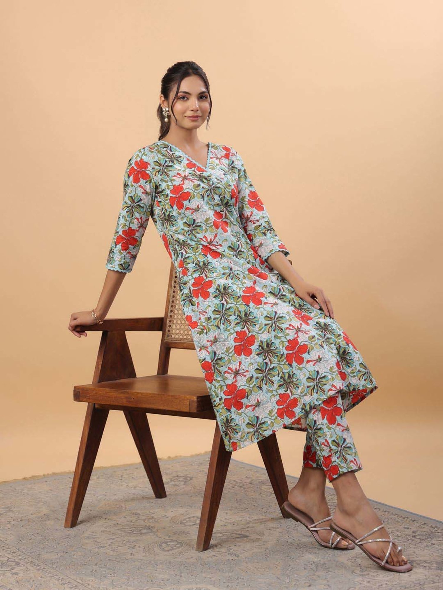 Janasya Blue Cotton Floral Print Co-Ord Set