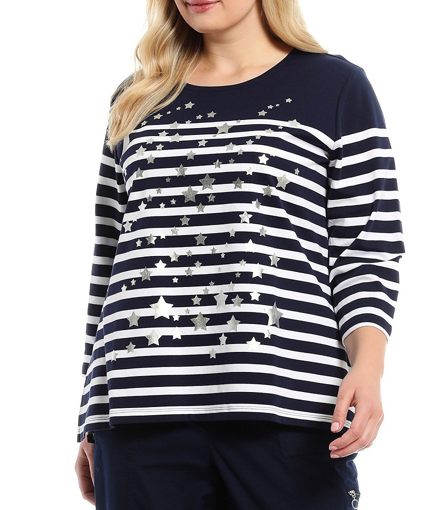Allison Daley Plus Size Stripe Print 3/4 Sleeve Round Neck Top