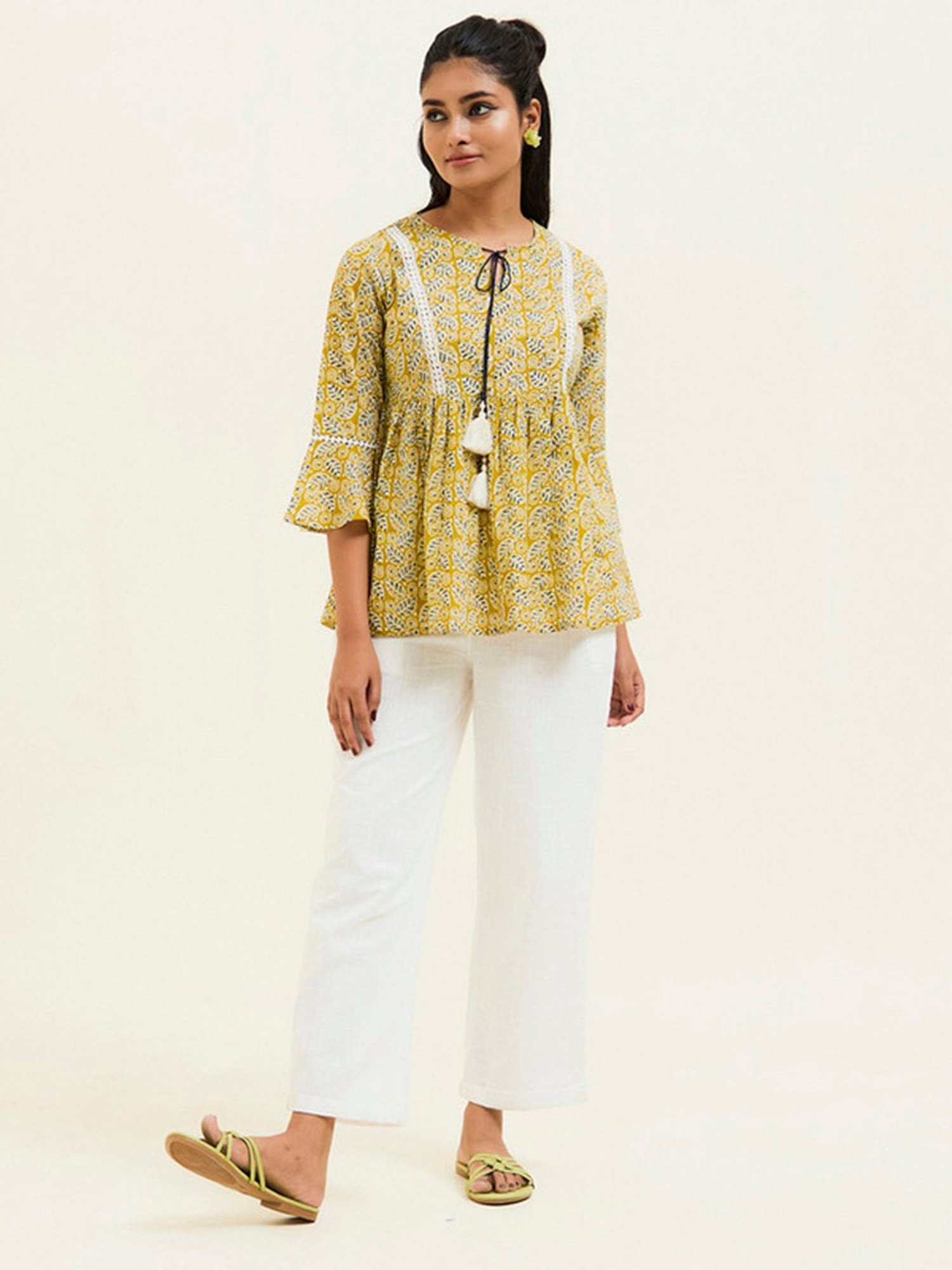 Jaipur Kurti Mustard Cotton Printed Top