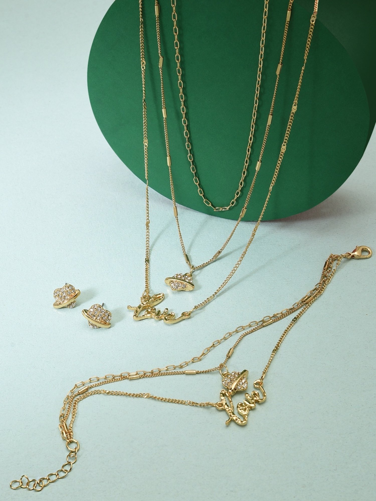 Zaveri Pearls Gold Tone 3 Layers Love Heart Charm Necklace Chain Earring Bracelet Set-ZPFK12077