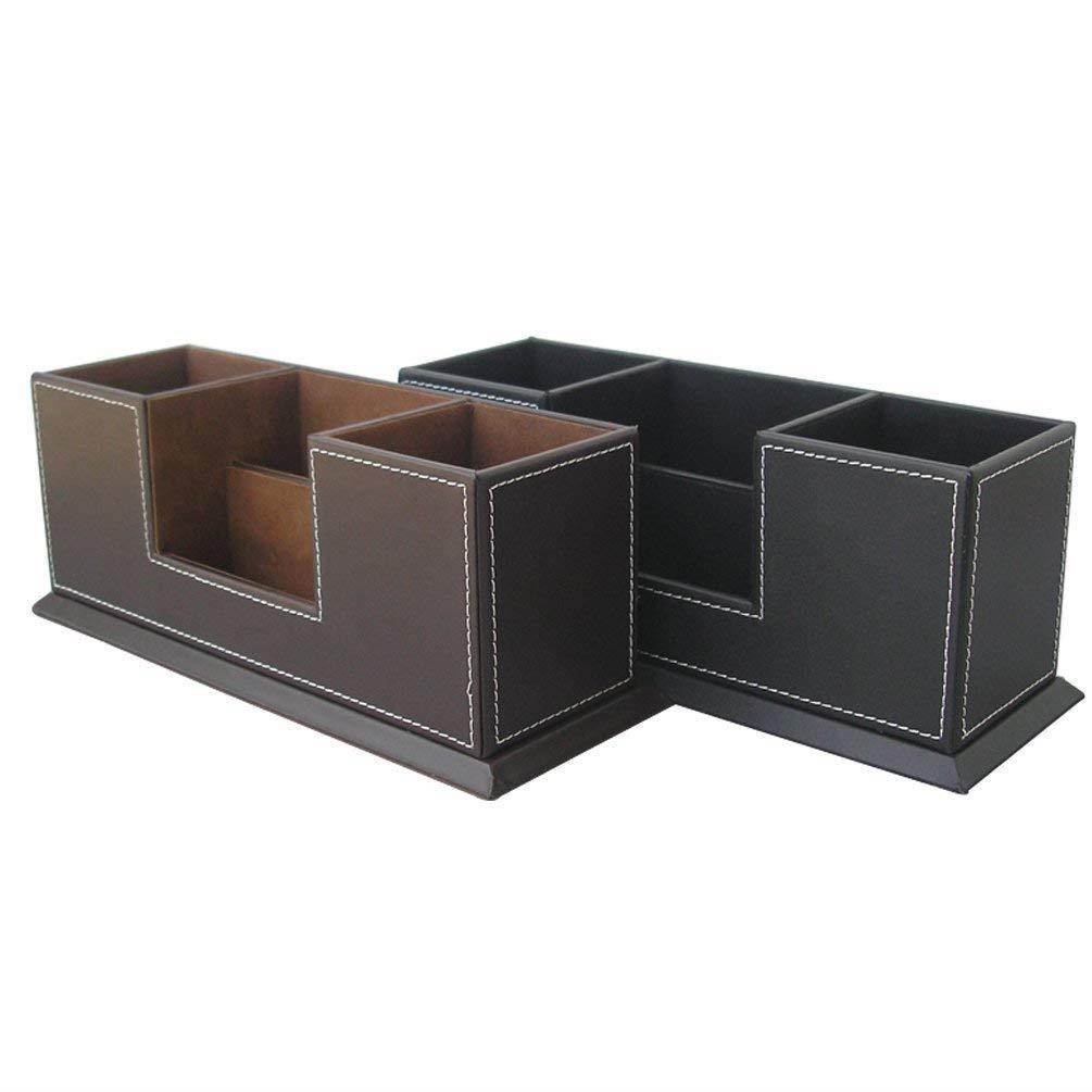 KINGFOM&trade; Double Holder Wood Leather Multi-Function Desk Stationery Organizer Dark Brown