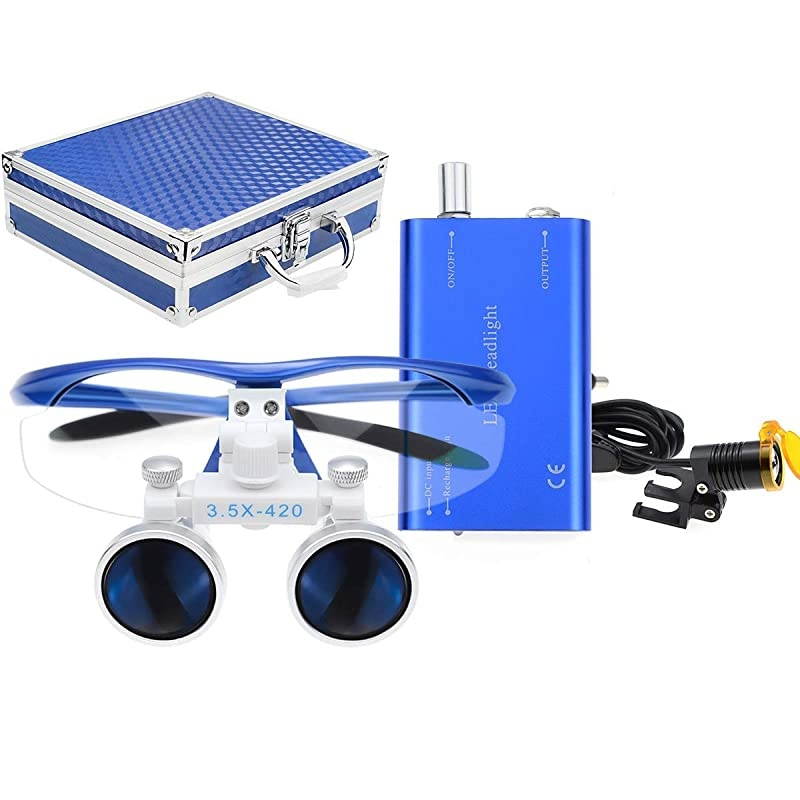 3W LED Clipon Headlight with Filter 35x420mm Medical Binocular Loupes Blue Aluminum Box