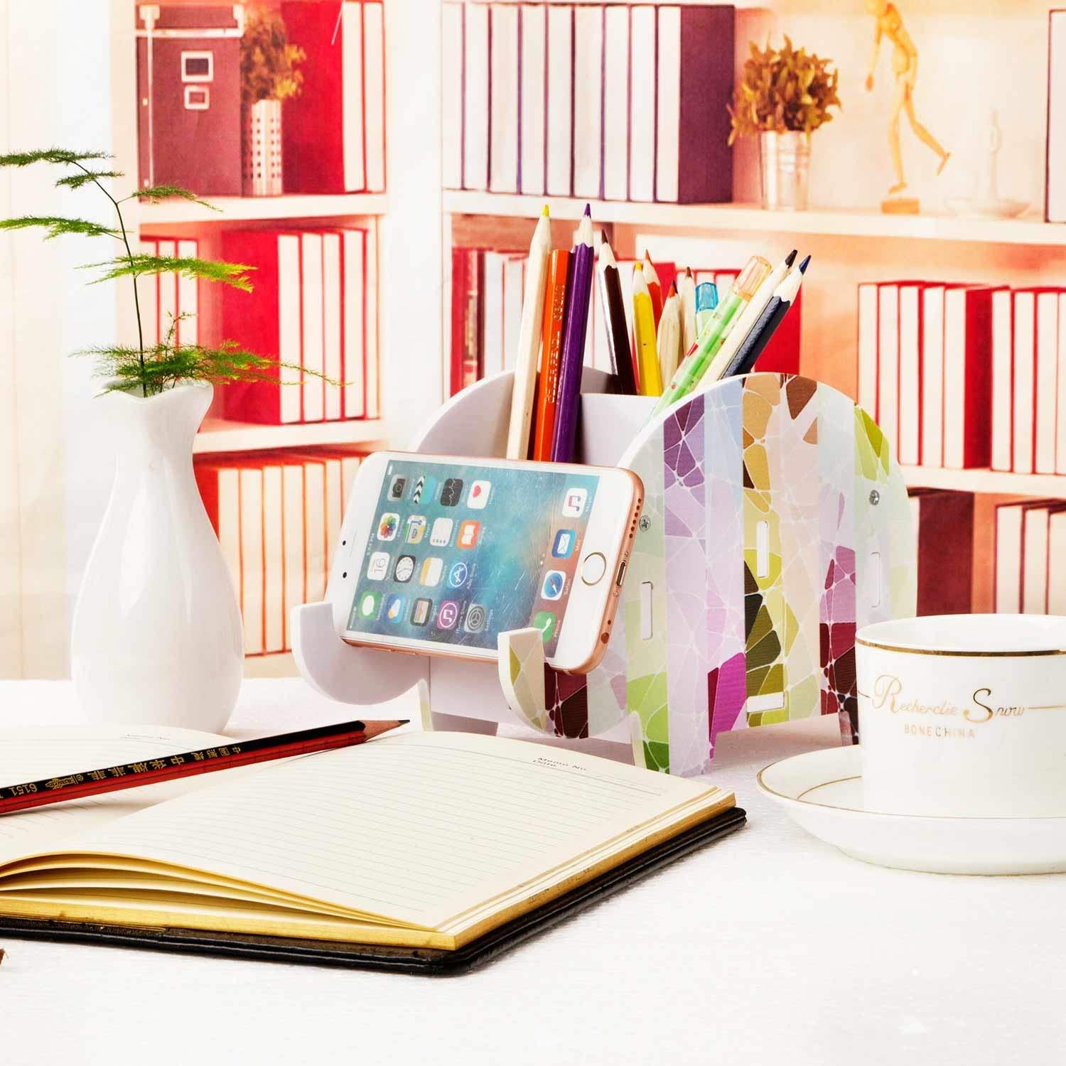 COOLBROS Elephant Pencil Holder With Phone Holder Desk Organizer Desktop Pen Pencil Mobile Phone Bracket Stand Storage Pot Holder Container Stationery Box Organizer (striped elephant)