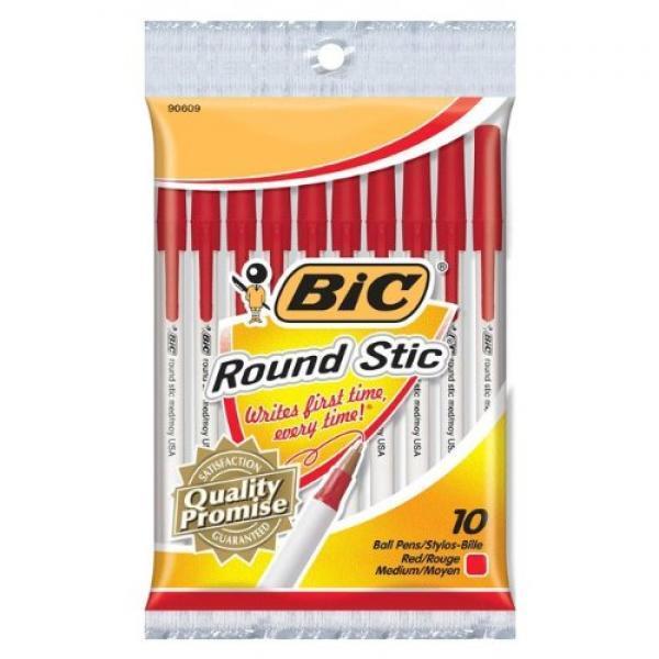 BIC Round Stic Ball Pen, Medium Point, Red, 10 Pens (GSMP101)