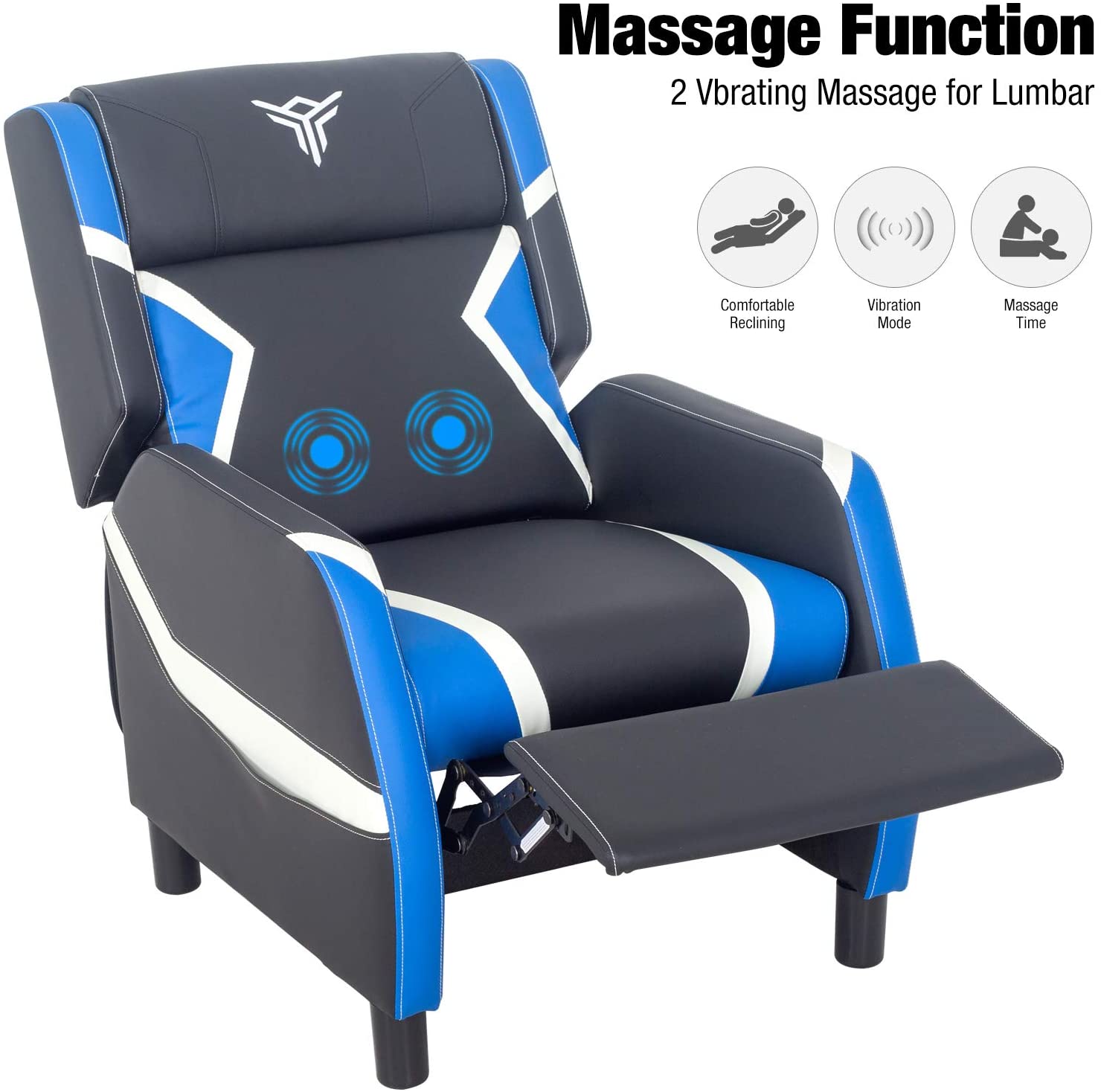 ELECWISH Massage Gaming Recliner Chair Racing Style Single Lounge Sofa PU Leather Reclining with Footrest and Massage Function Gaming Room Recliner Home Theater Seating(Black Blue White)