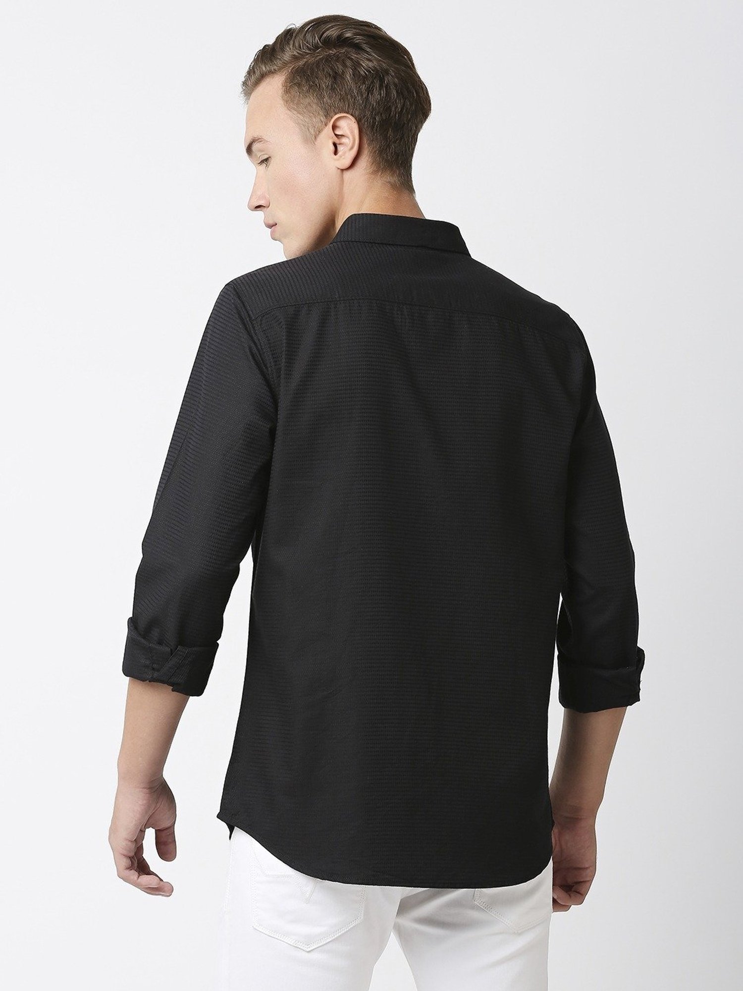 SOLEMIO Black Cotton Slim Fit Self Pattern Shirt