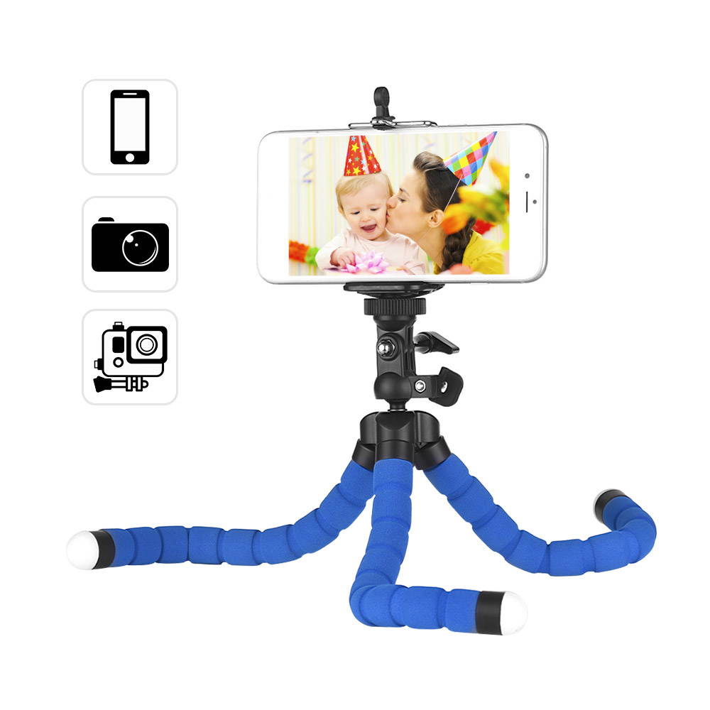 Flexible Sponge Octopus Tripod Stand Holder with Smartphone Clip 1/4 Inch Screw 360 Degree Rotation for iPhone Huawei Samsung GoPro Camera Video Camera
