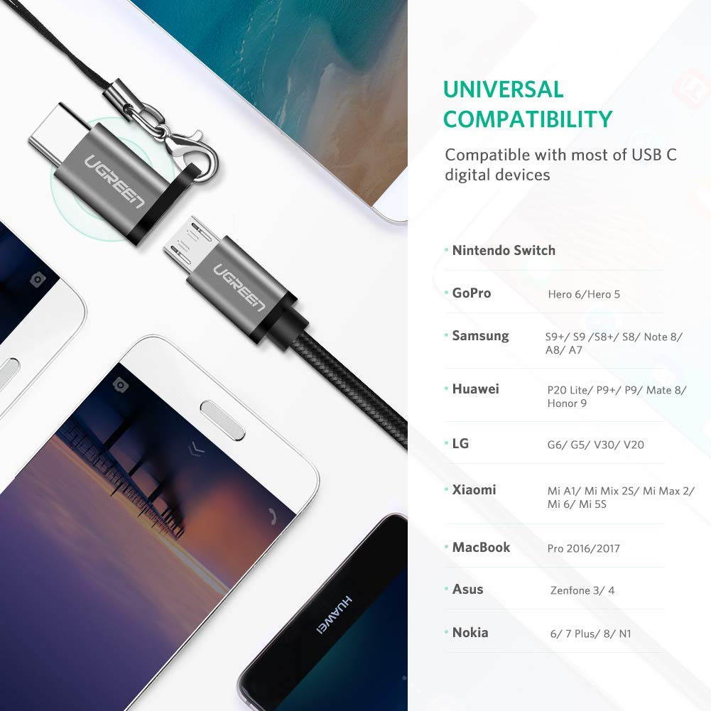 UGREEN Micro USB C Adapter Type C Charger Converter with Keychain Connector for MacBook Pro, Samsung Galaxy Note9 S8 Plus S9, Nintendo Switch, LG V20 G5 G6, Google Pixel 2 XL, Mote Z, Nexus 5X 6P
