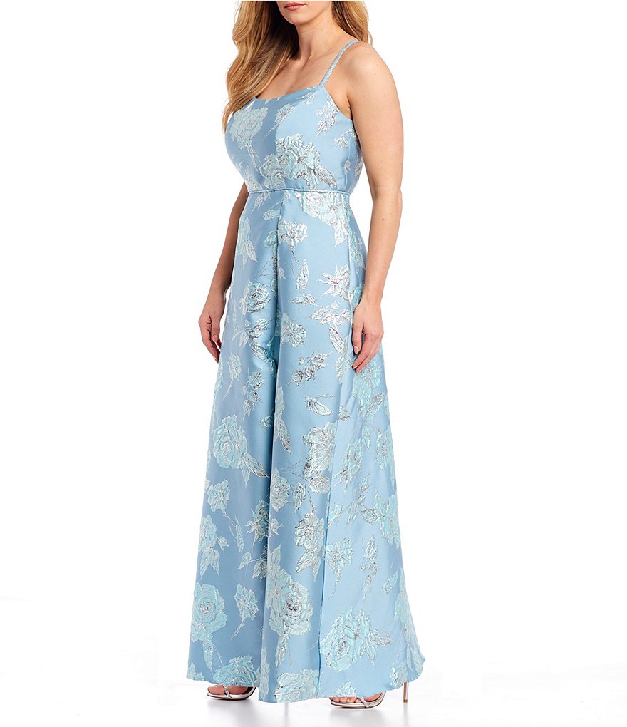 Morgan & Co. Plus Spaghetti Strap X-Back Floral Print Jacquard Dress