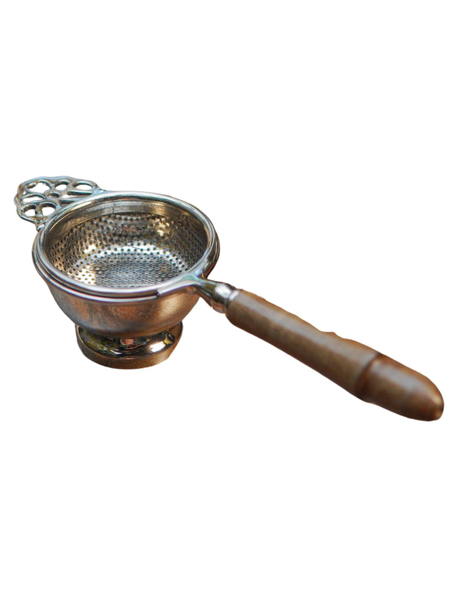 Ambi Pure Brass Punched Flower Medium Sized Tea Strainer - Gold Matte Finish With Wooden Handle