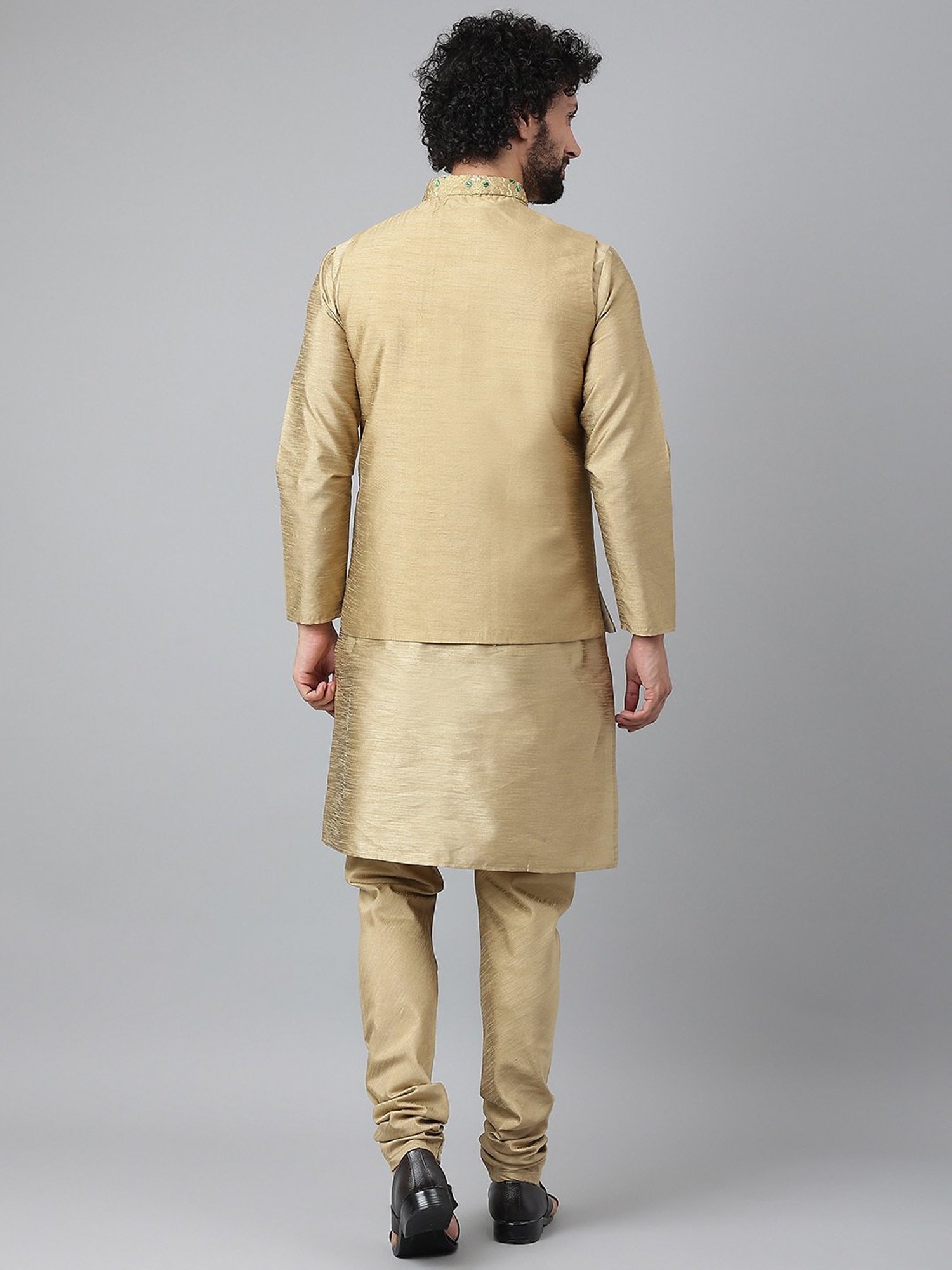 Hangup Khaki Embroided Kurta & Churidar Set With Nehru Jacket