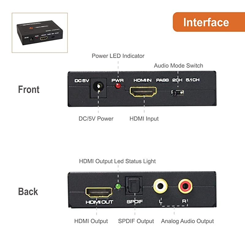 Premium Quality 1080P HDMI To HDMI + Audio SPDIF + RCA Stereo Audio Extractor Converter JTDAT5CH