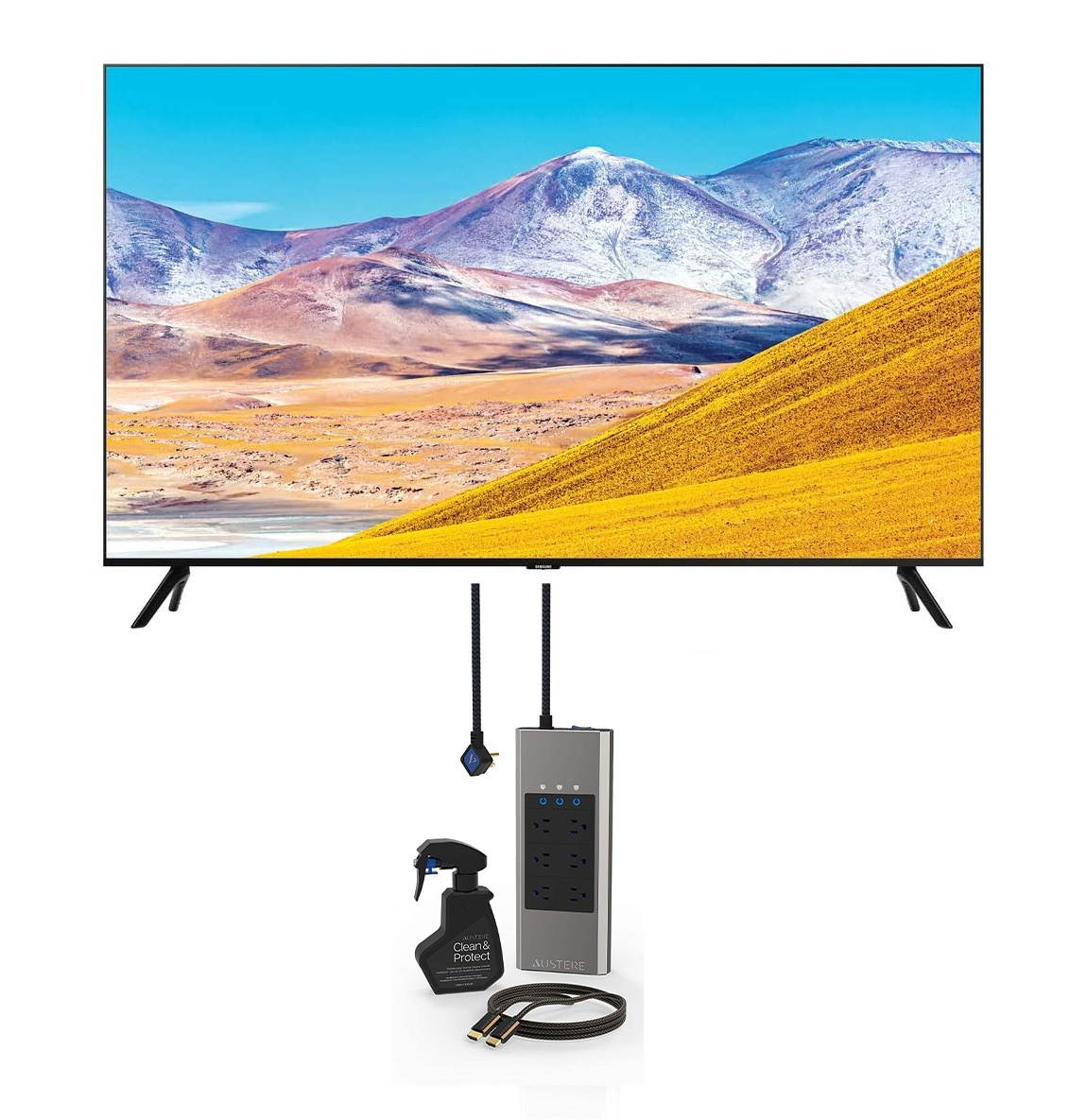 Samsung UN85TU8000 4K Crystal 8 Series Ultra High Definition Smart TV with an Austere 3S-COL2-2-5M Surge Protector, 2.5m HDMI Cable, and Screen Cleaner (2020)
