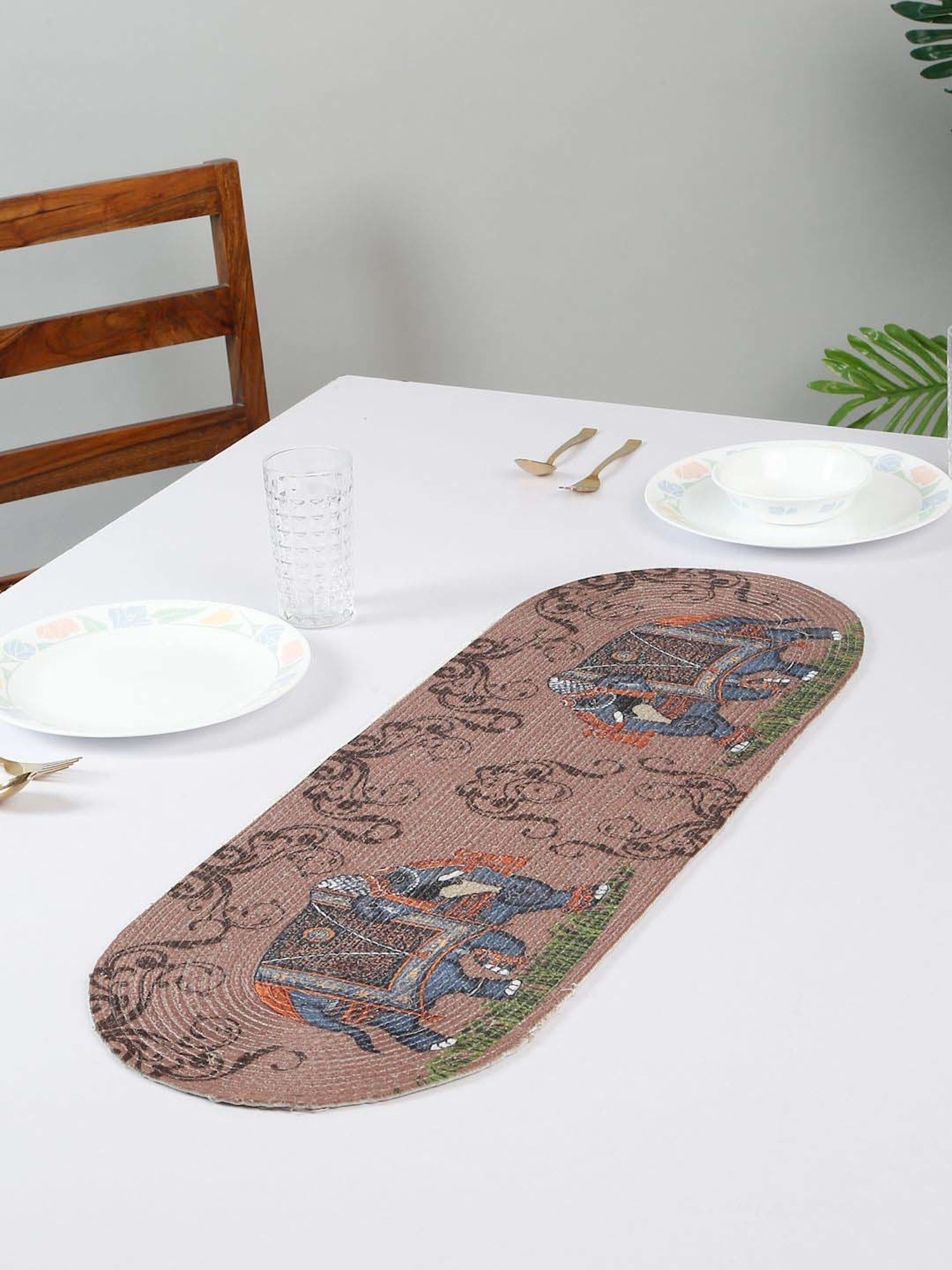 HOSTA HOMES Brown Cotton 4-Seater Digitally Printed Centre Table Runner