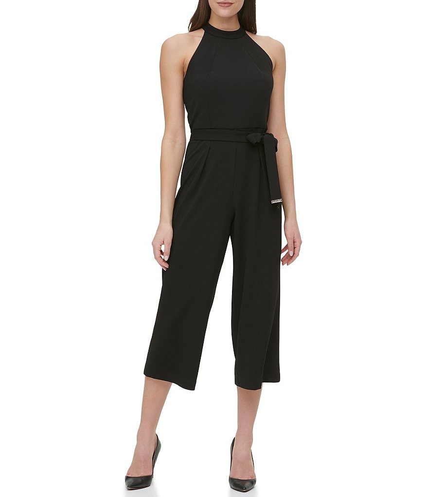 Tommy Hilfiger Sleeveless Halter Neck Tie Waist Scuba Crepe Cropped Jumpsuit