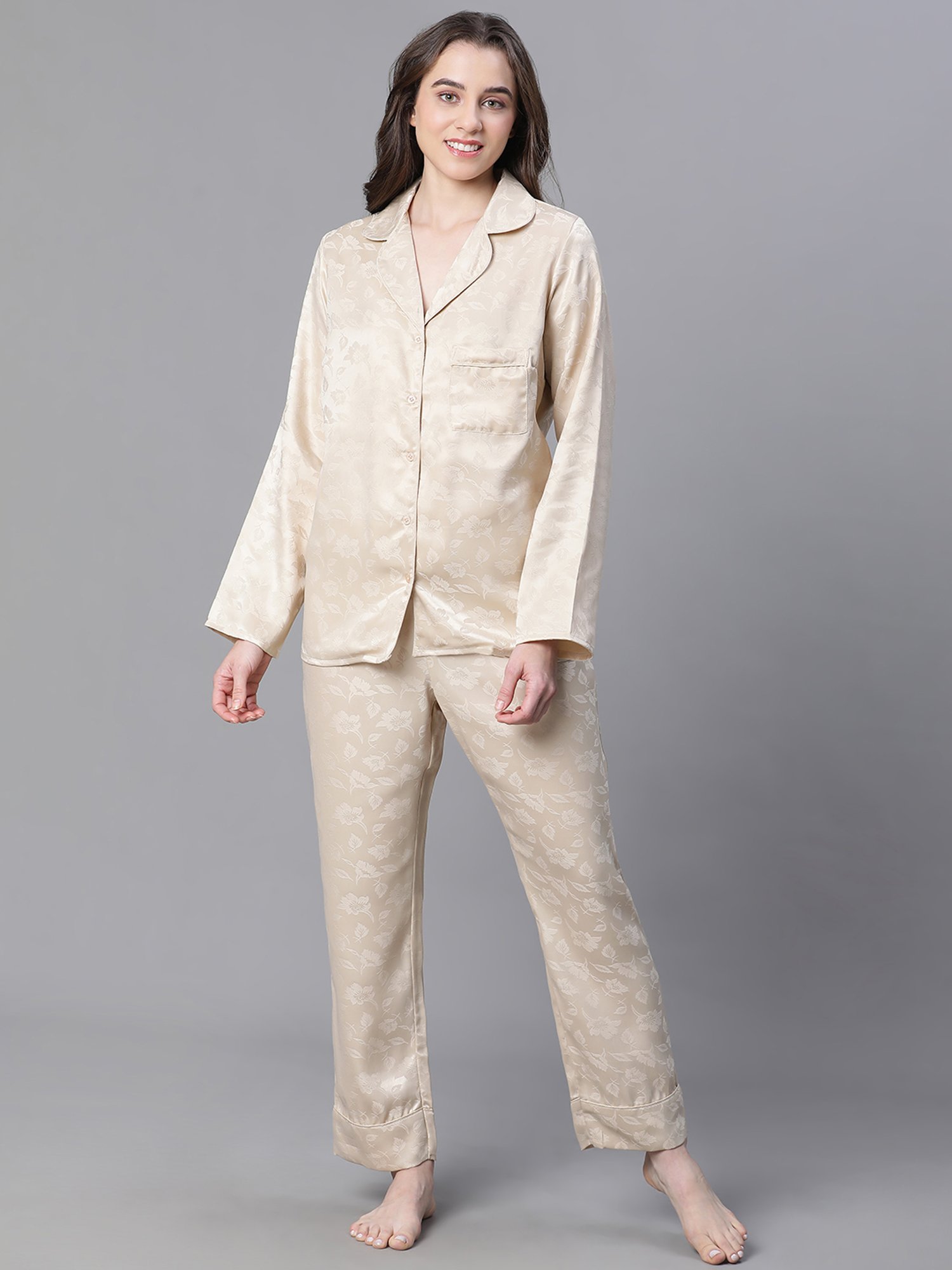 Oxolloxo Beige Satin Floral Print Pyjamas
