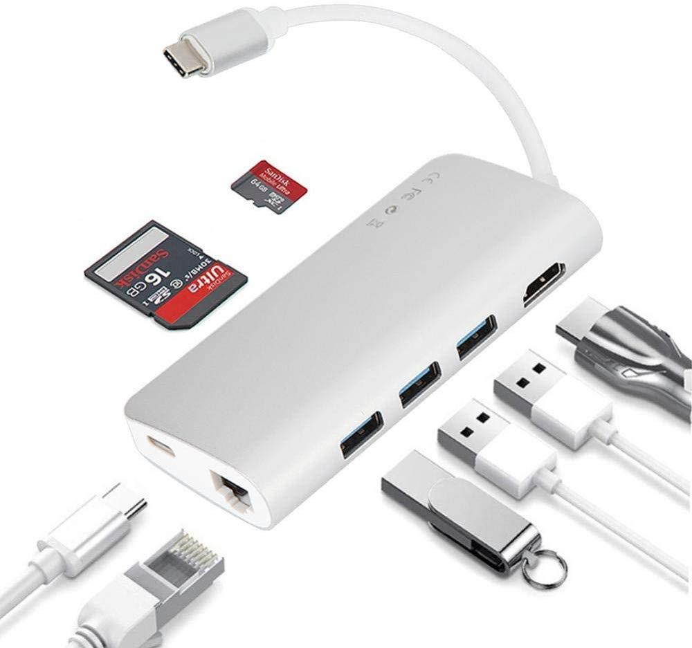 Zerone USB C to HDMI Adapter 3 in 1 USB C Adapter Multiport USB-C Hub, ype-c to Hub (3 x USB3.0)+ HDMI 4K + RJ45 Gigabit LAN + PD Charging + SD/TF Card Reader Silver