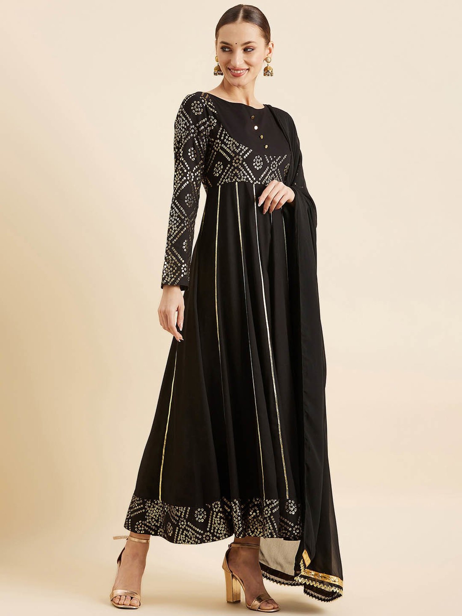 PANIT Black Printed Ethnic Dress With Dupatta