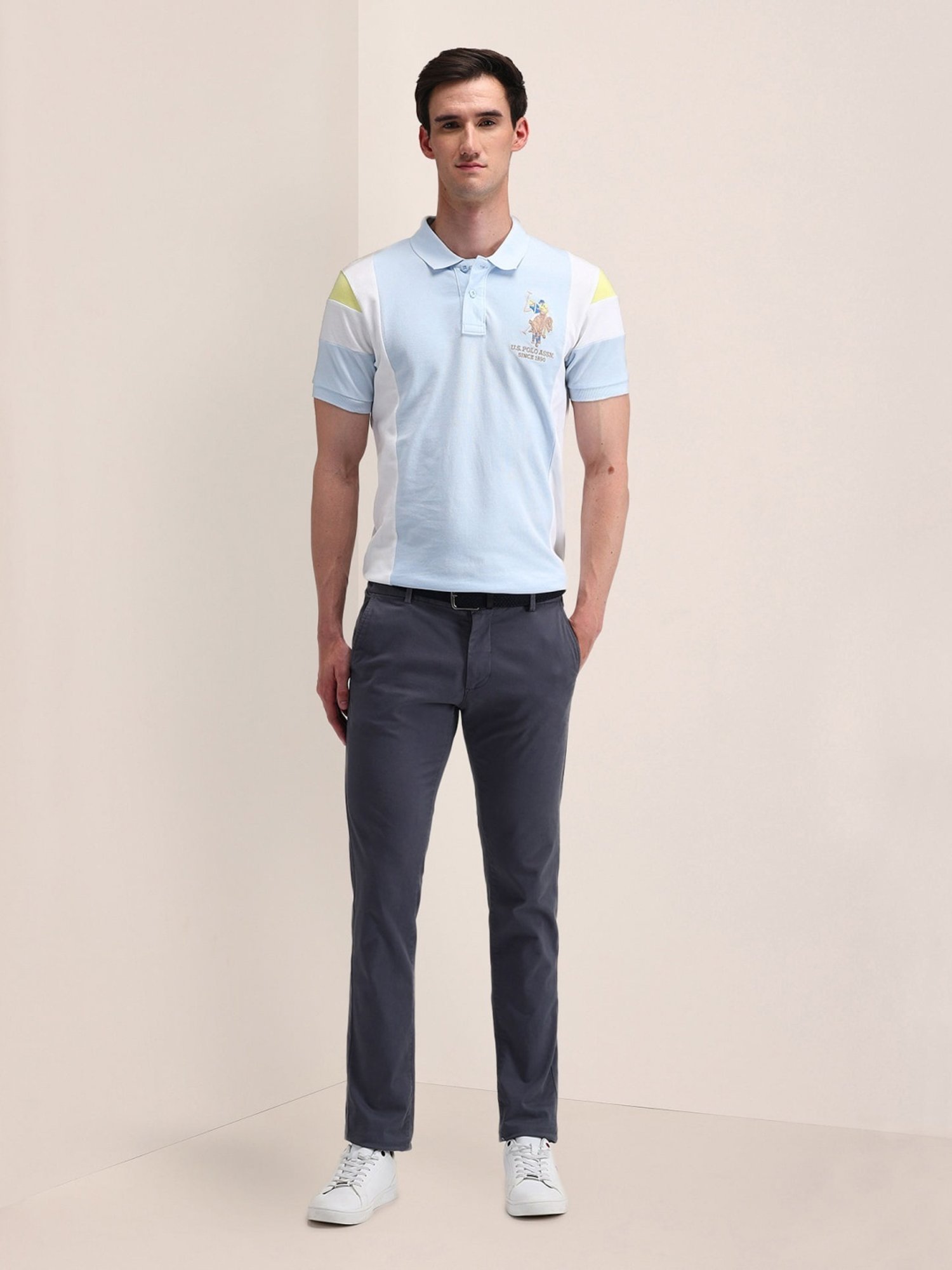 U.S. Polo Assn. Blue Cotton Slim Fit Colour Block Polo T-Shirt
